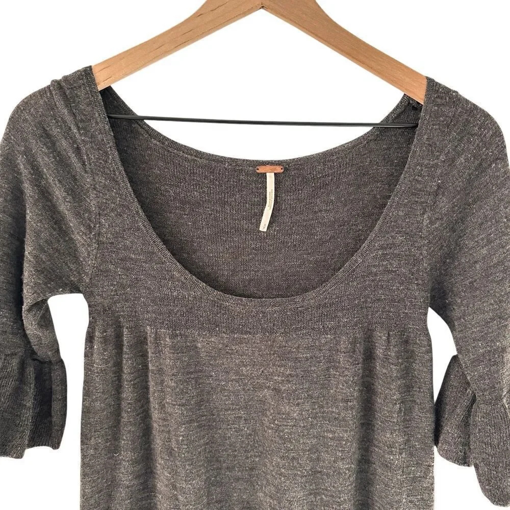 Free People Grey Wool Scoop Baby Doll Short‎ Sleeve Boho Sweater Dress Size S